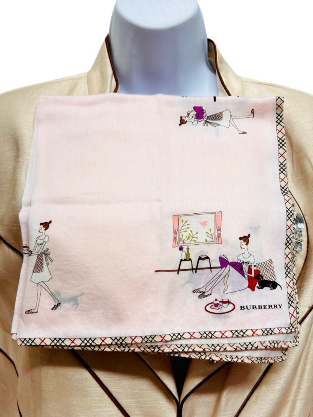 Burberrys Mini Scarf cotton 19.5" ligh pink beic=ge novacheck dogs and girl (87 - Picture 5 of 10
